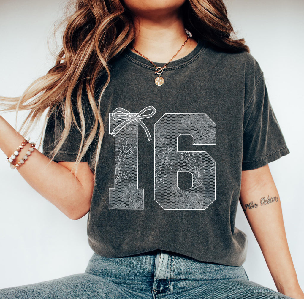 Lace Coquette Bow 16th Birthday Shirt, Sweet 16 Lacey Style Girls Party Sweatshirt, 16 Year Old Tee Gift, Sixteen Custom Comfort Colors®