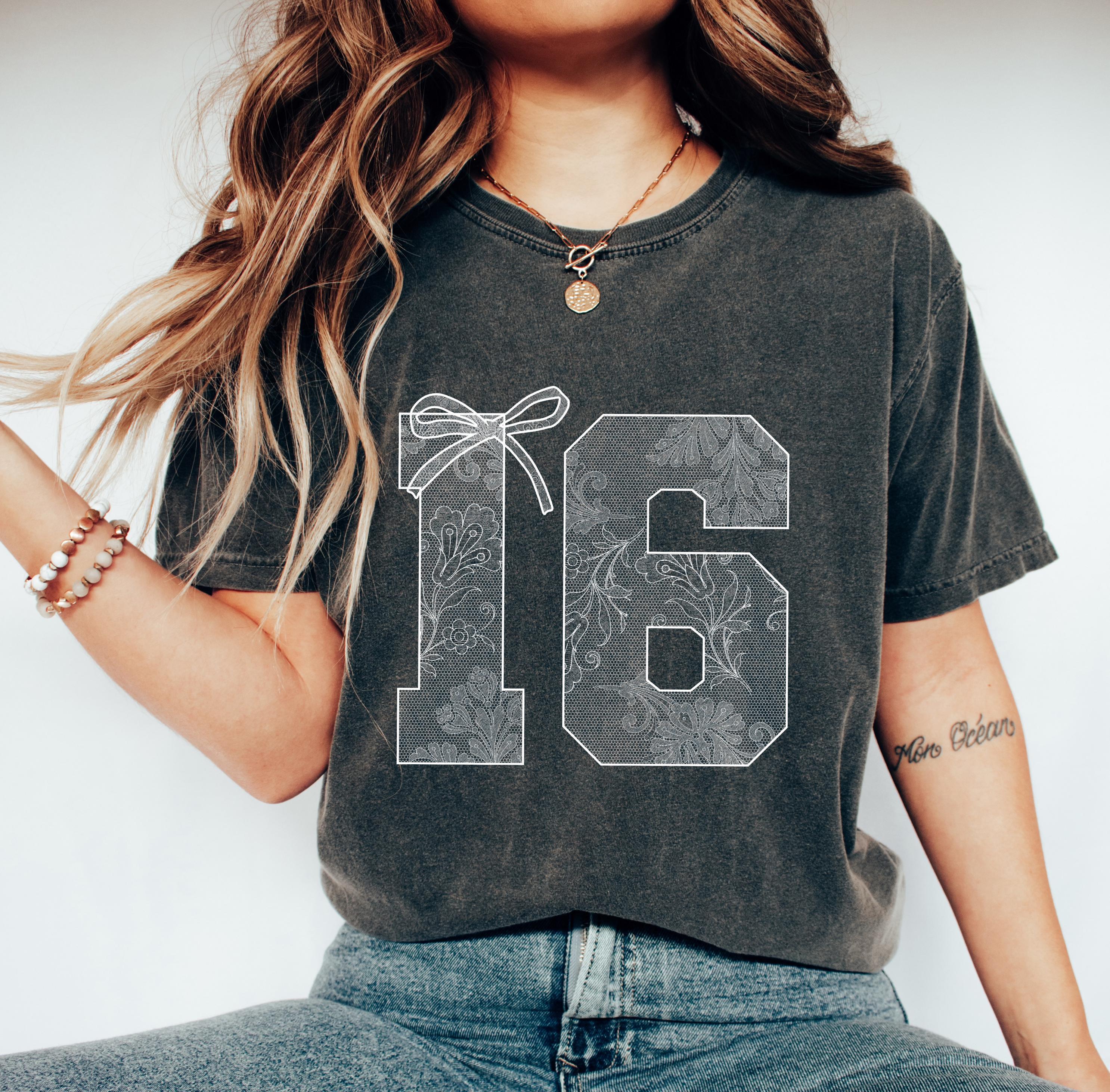 Lace Coquette Bow 16th Birthday Shirt, Sweet 16 Lacey Style Girls Party Sweatshirt, 16 Year Old Tee Gift, Sixteen Custom Comfort Colors®