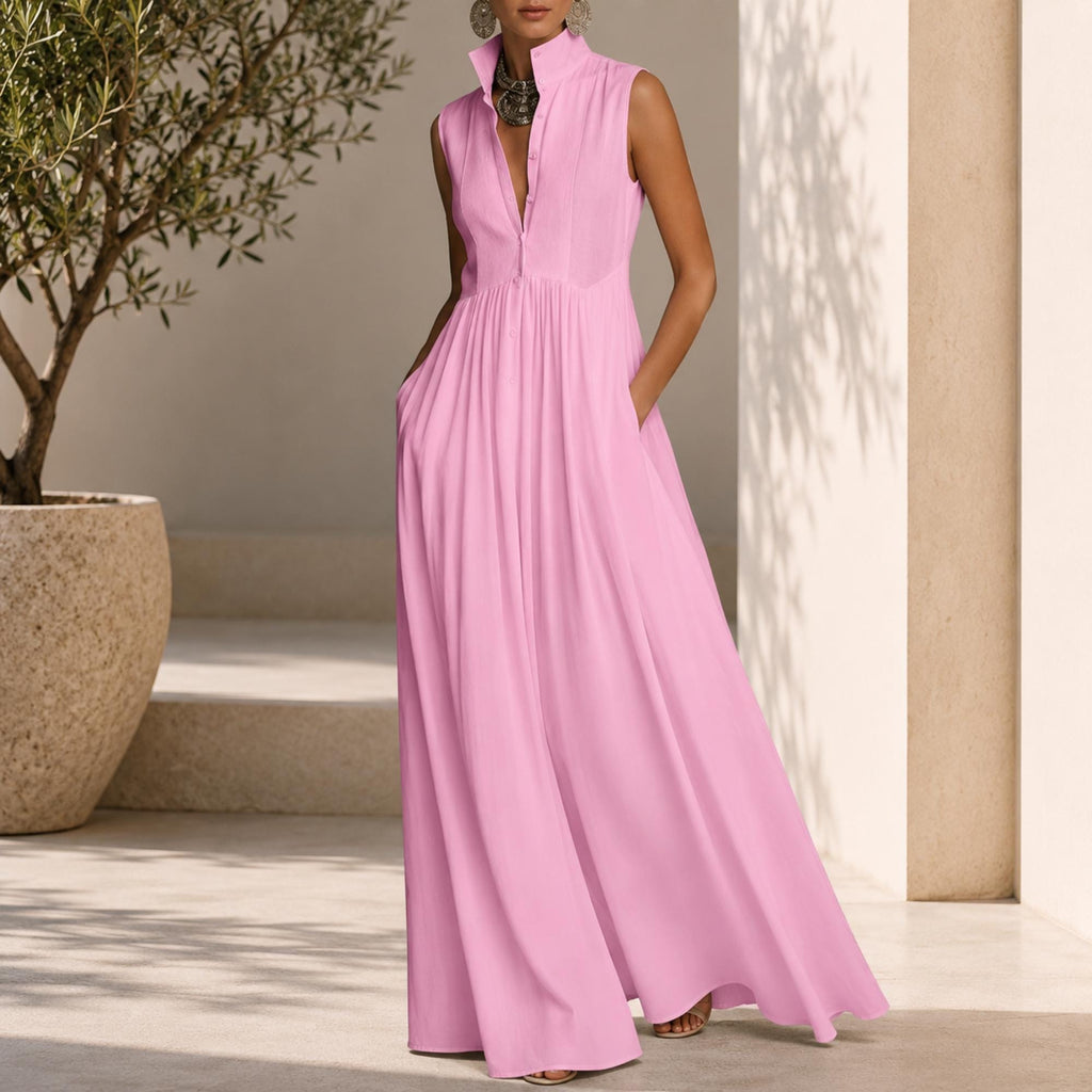 Elegant Sleeveless Maxi Dress With Pockets Flowy Summer Casual Fashion Outfit For Stylish Women