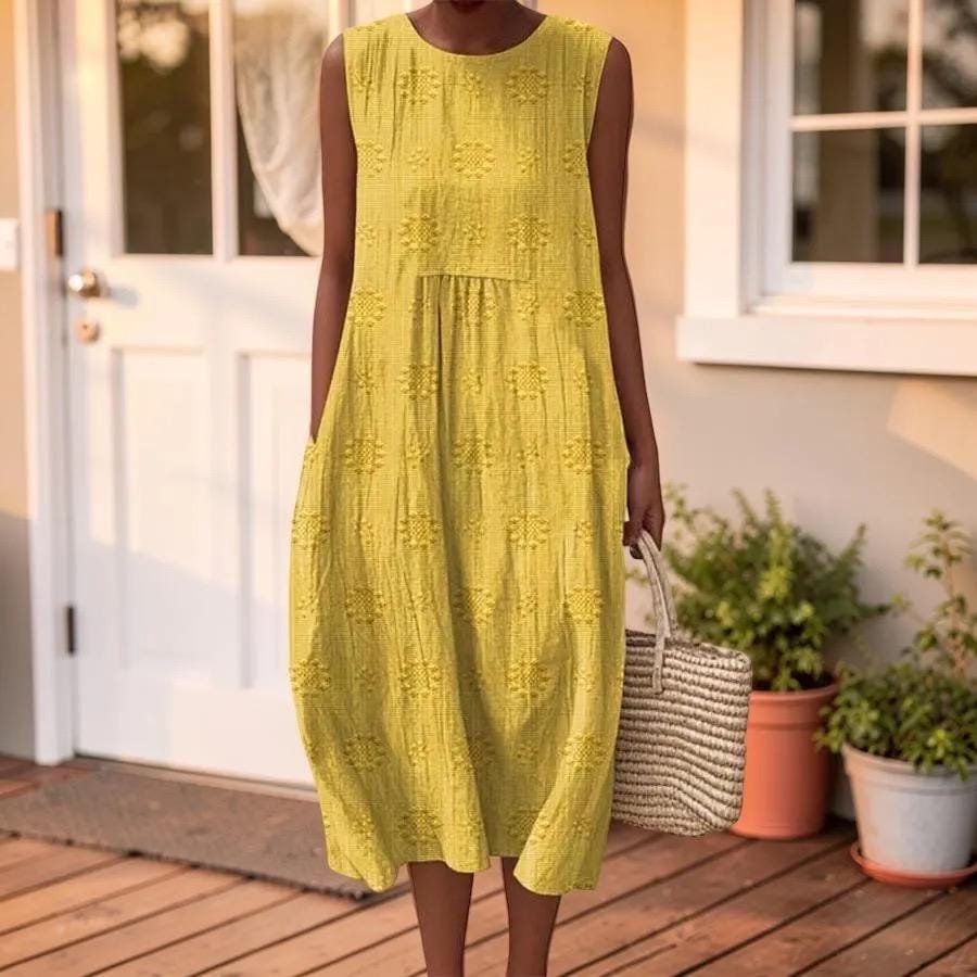 Floral Boho Plus Size Sleeveless Midi Dress, Women's Loose Fit Summer Dress