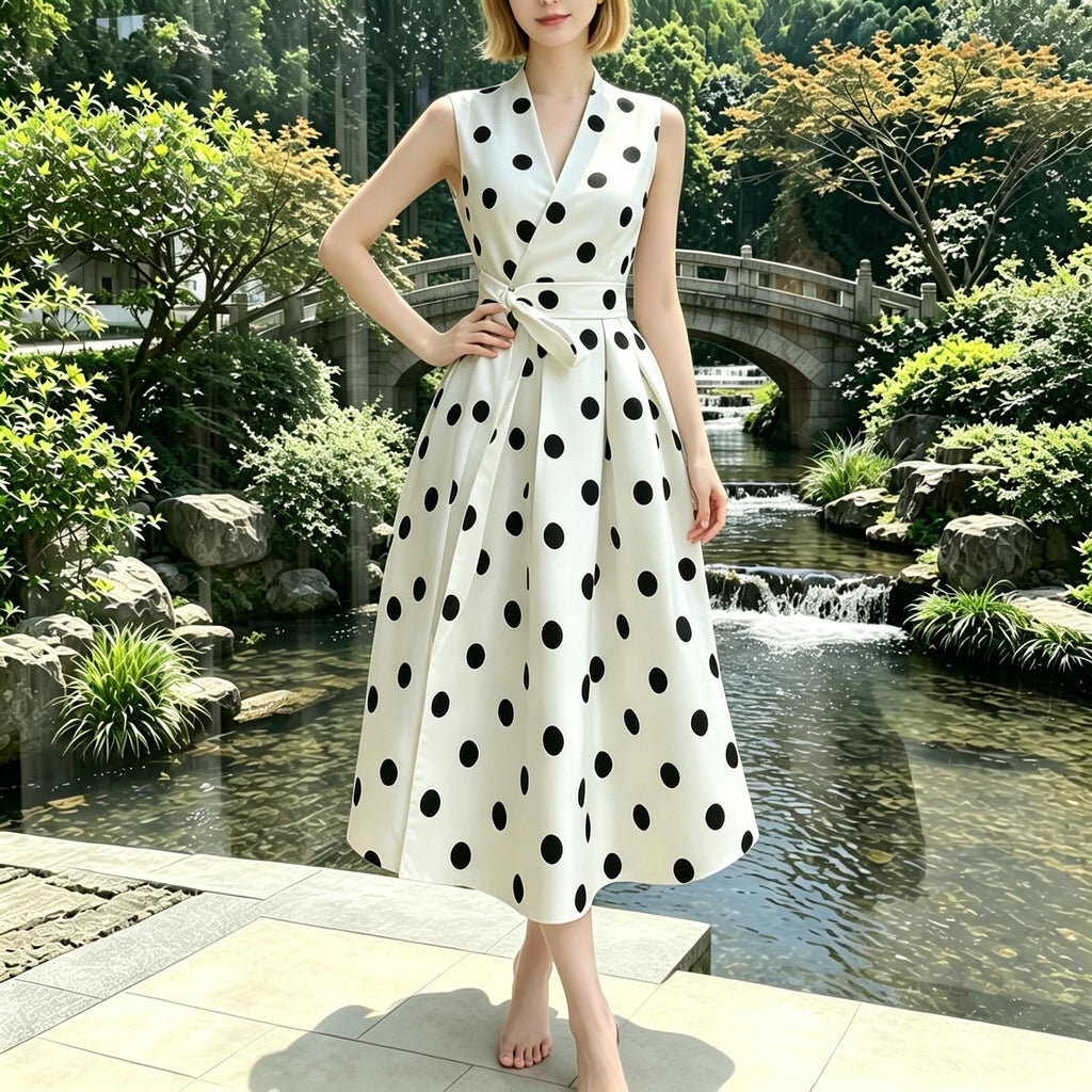 French Style Polka Dot Dress - 1950s Vintage Retro Summer Midi Dress,Elegant Sleeveless Wrap-Dress,V Neck Sleeveless Belted Swing Midi Dress