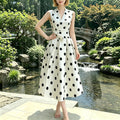 French Style Polka Dot Dress - 1950s Vintage Retro Summer Midi Dress,Elegant Sleeveless Wrap-Dress,V Neck Sleeveless Belted Swing Midi Dress