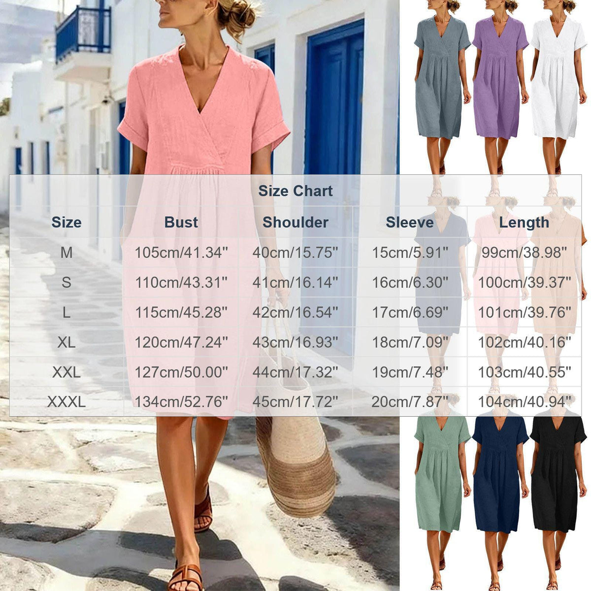 Womens Cotton Linen Midi Dress, V Neck Short Sleeve Dress with Pockets, Casual Summer Outfit