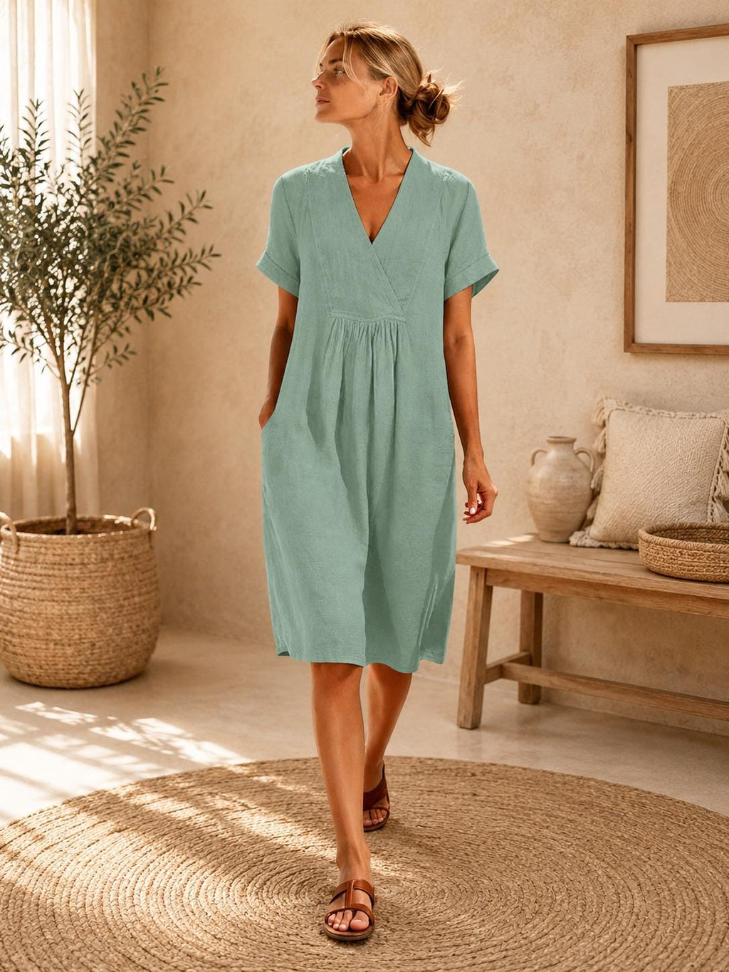 Womens Cotton Linen Midi Dress, V Neck Short Sleeve Dress with Pockets, Casual Summer Outfit