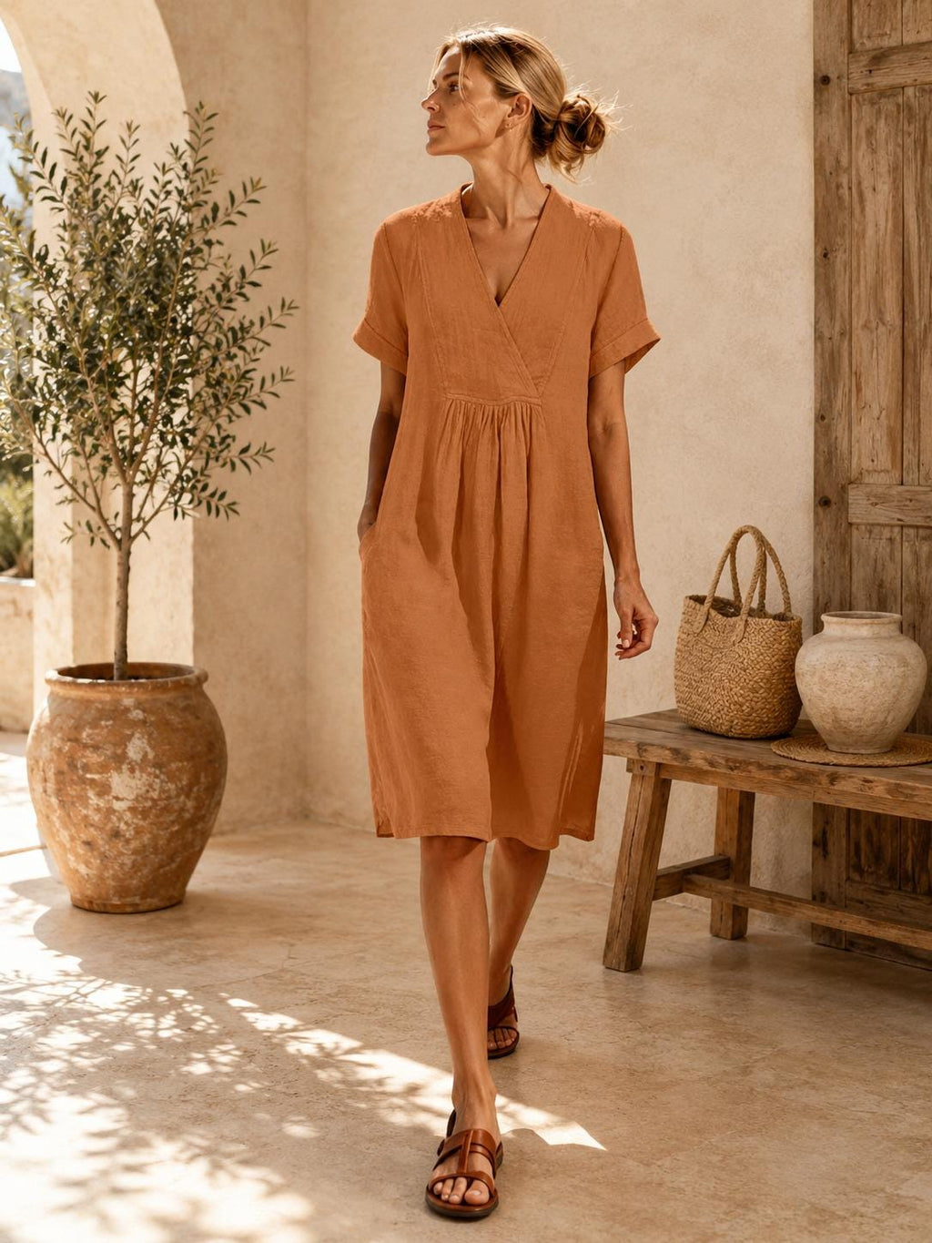 Womens Cotton Linen Midi Dress, V Neck Short Sleeve Dress with Pockets, Casual Summer Outfit