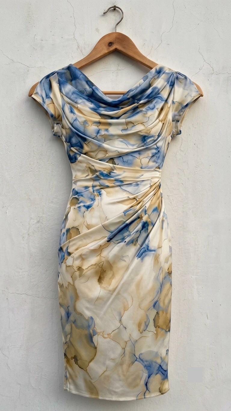 Elegant Watercolor Midi Dress | Cowl Neck Cocktail Dress | Ruched Sheath Dress | Wedding Guest Dresses