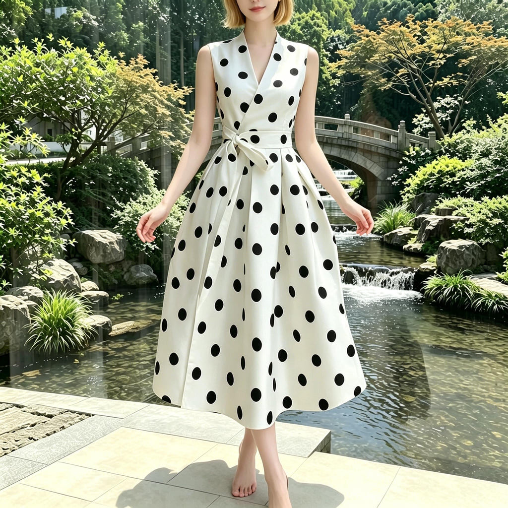 French Style Polka Dot Dress - 1950s Vintage Retro Summer Midi Dress,Elegant Sleeveless Wrap-Dress,V Neck Sleeveless Belted Swing Midi Dress