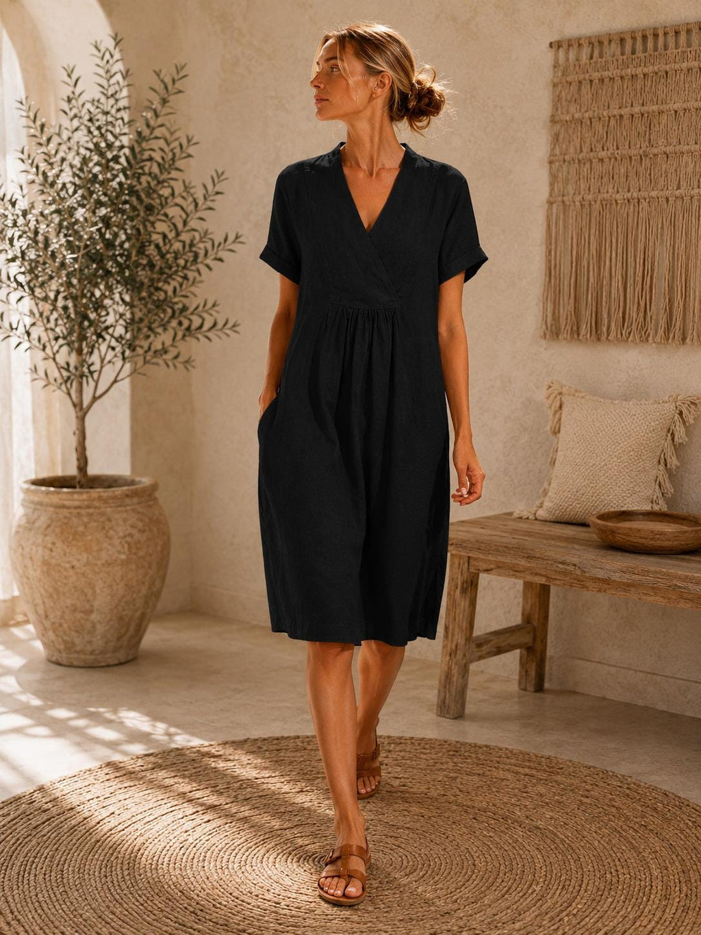 Womens Cotton Linen Midi Dress, V Neck Short Sleeve Dress with Pockets, Casual Summer Outfit