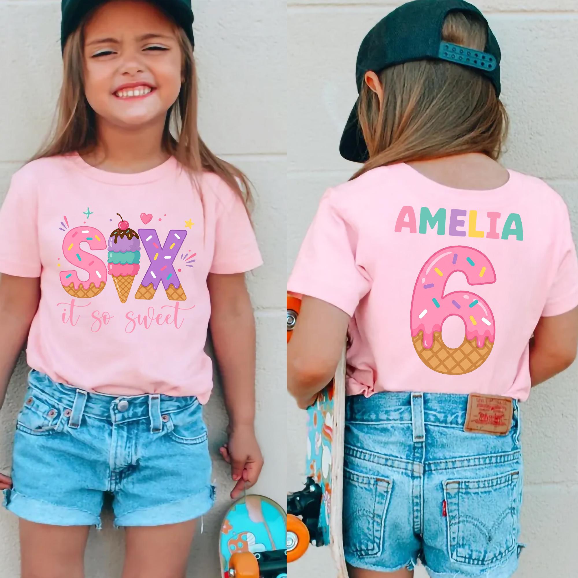 Girls Six Is So Sweet Ice Cream Birthday Shirt - Personalized 6th Bday Tee