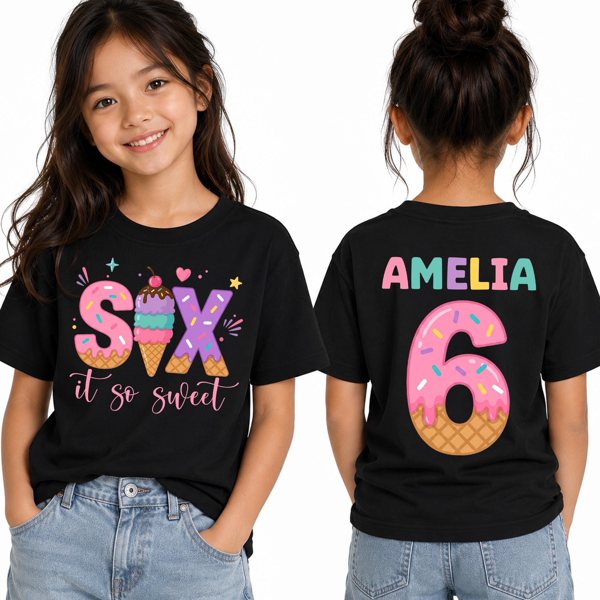 Girls Six Is So Sweet Ice Cream Birthday Shirt - Personalized 6th Bday Tee
