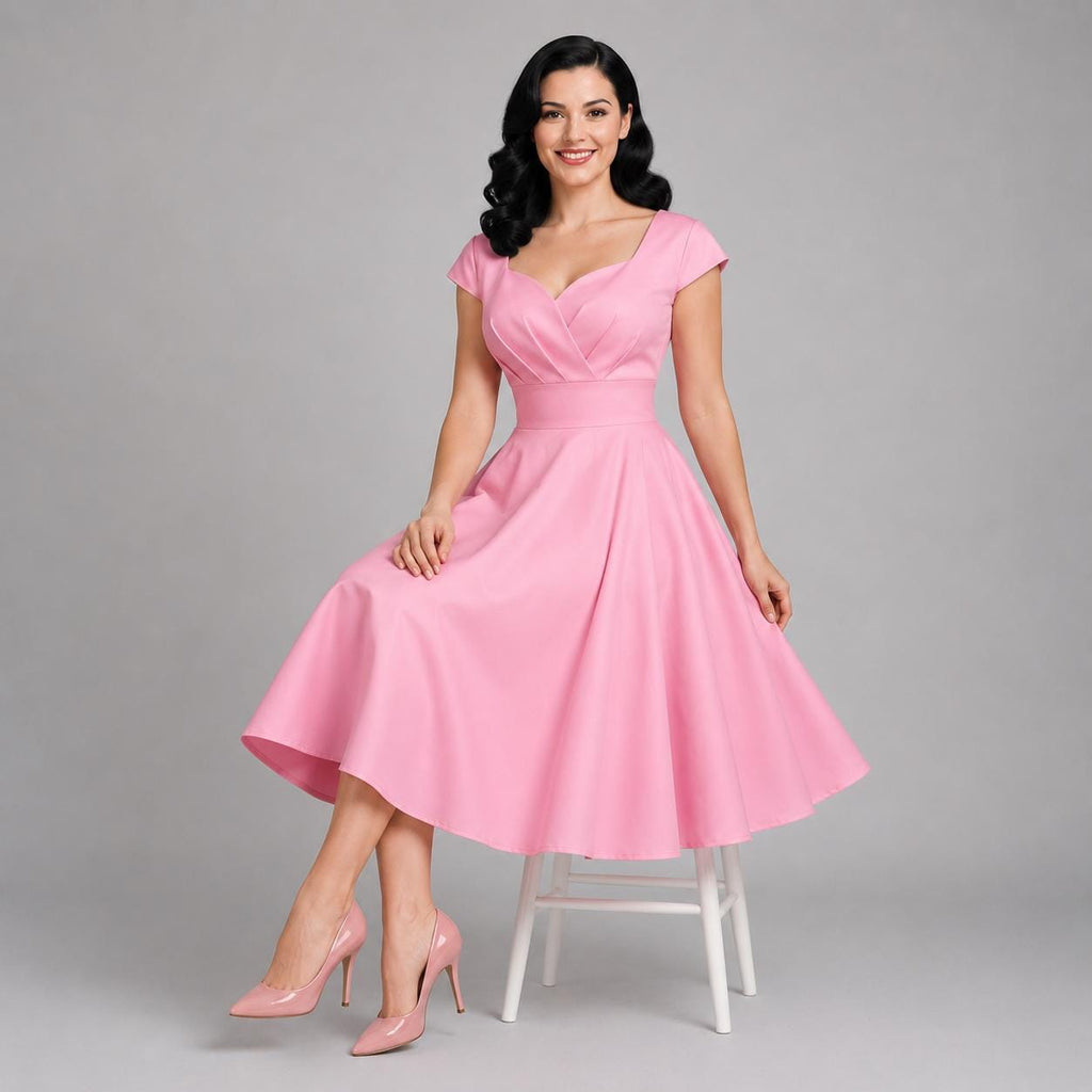Vintage Midi Dress V Neck Cap Sleeve | 1950s Retro Swing Dress | Party Office Cocktail Dress for Women | Classic Feminine Silhouette
