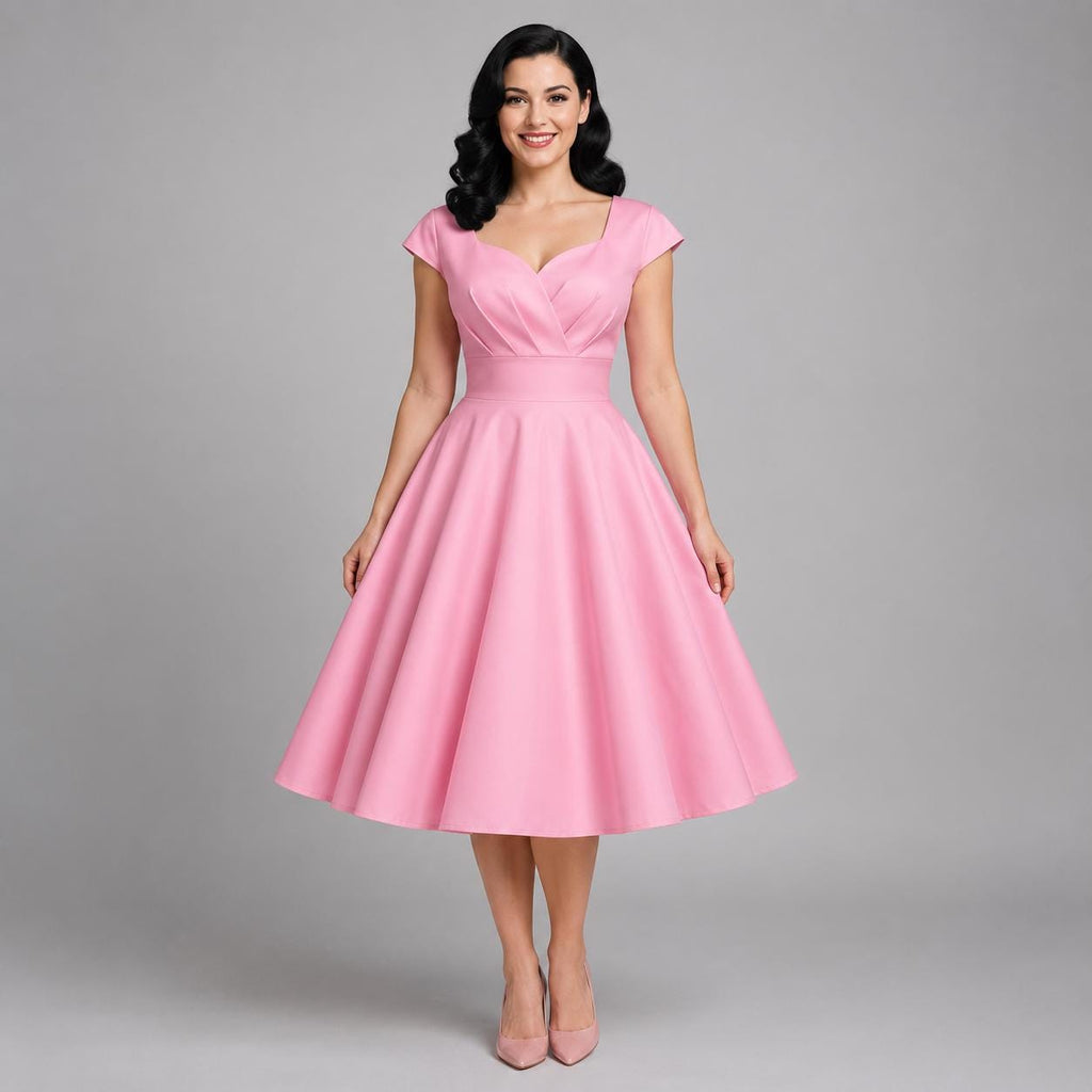 Vintage Midi Dress V Neck Cap Sleeve | 1950s Retro Swing Dress | Party Office Cocktail Dress for Women | Classic Feminine Silhouette