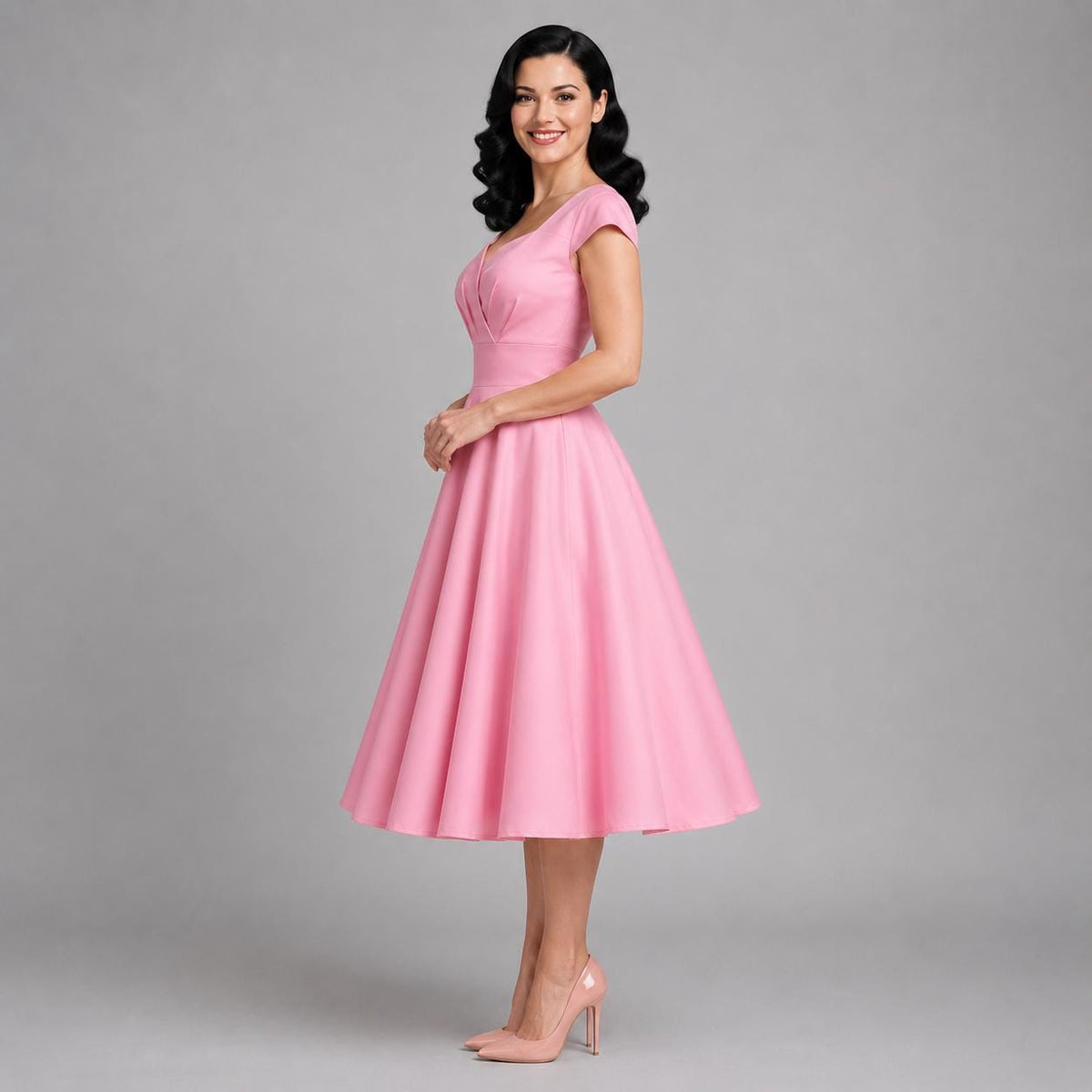 Vintage Midi Dress V Neck Cap Sleeve | 1950s Retro Swing Dress | Party Office Cocktail Dress for Women | Classic Feminine Silhouette