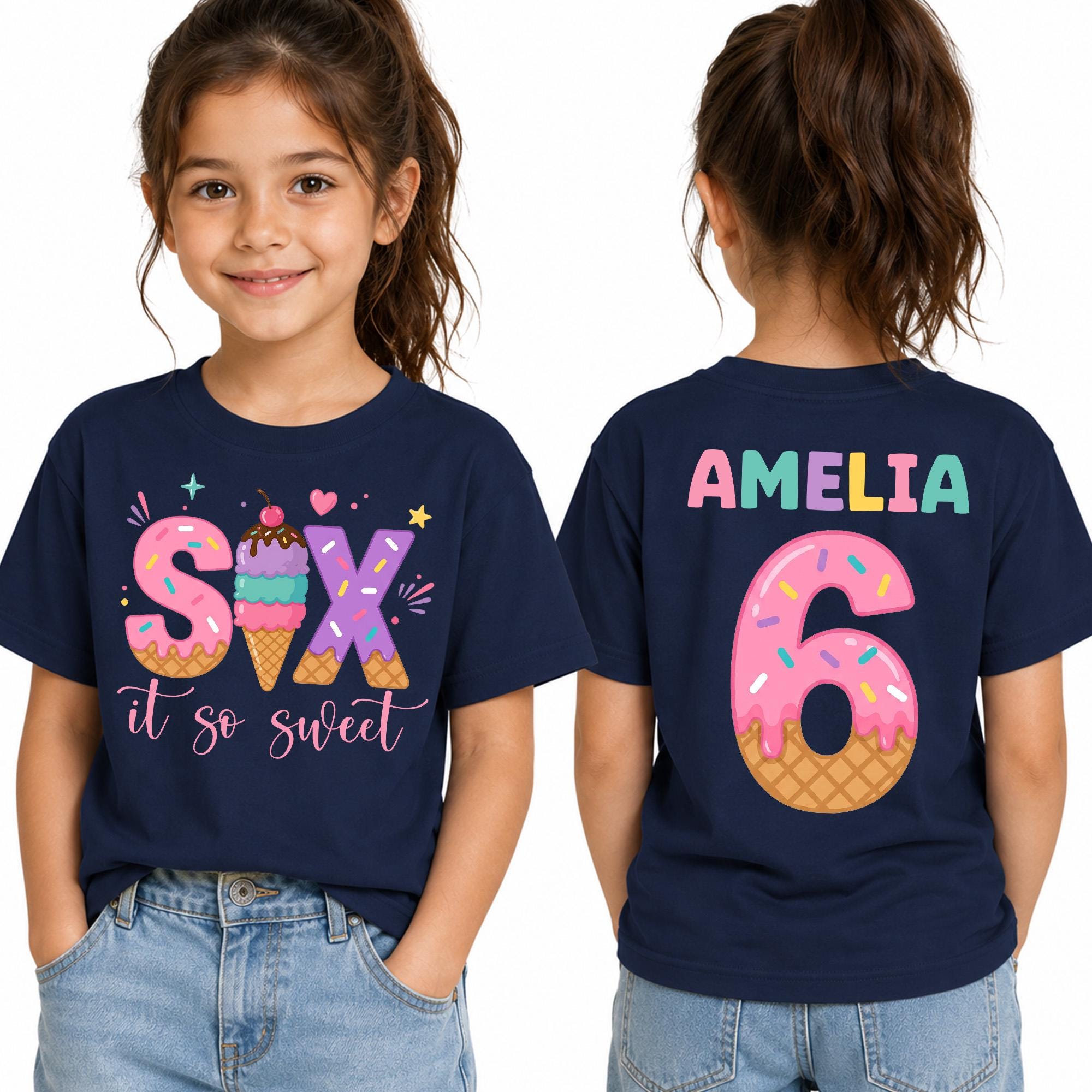 Girls Six Is So Sweet Ice Cream Birthday Shirt - Personalized 6th Bday Tee
