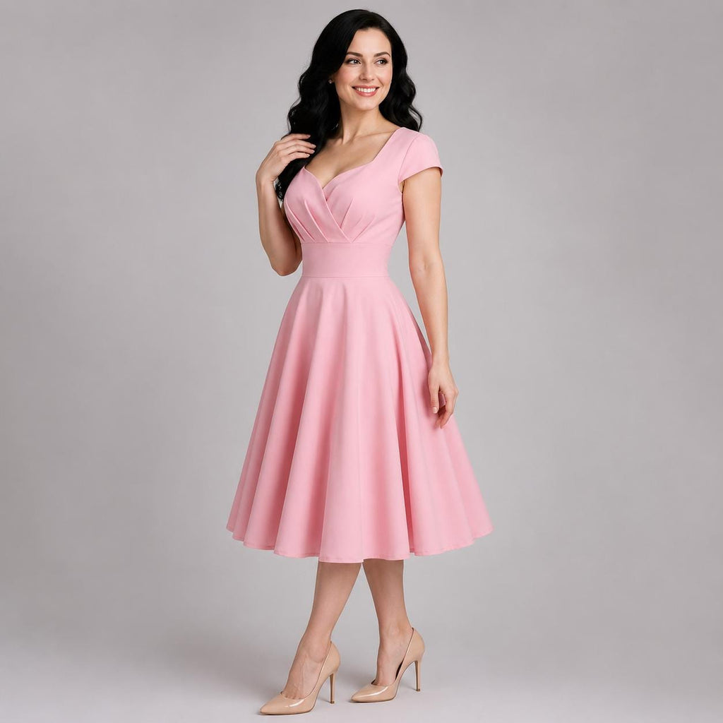 Vintage Midi Dress V Neck Cap Sleeve | 1950s Retro Swing Dress | Party Office Cocktail Dress for Women | Classic Feminine Silhouette