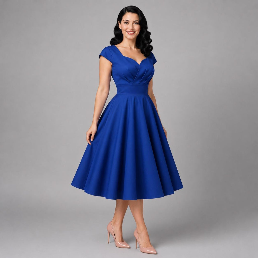 Vintage Midi Dress V Neck Cap Sleeve | 1950s Retro Swing Dress | Party Office Cocktail Dress for Women | Classic Feminine Silhouette