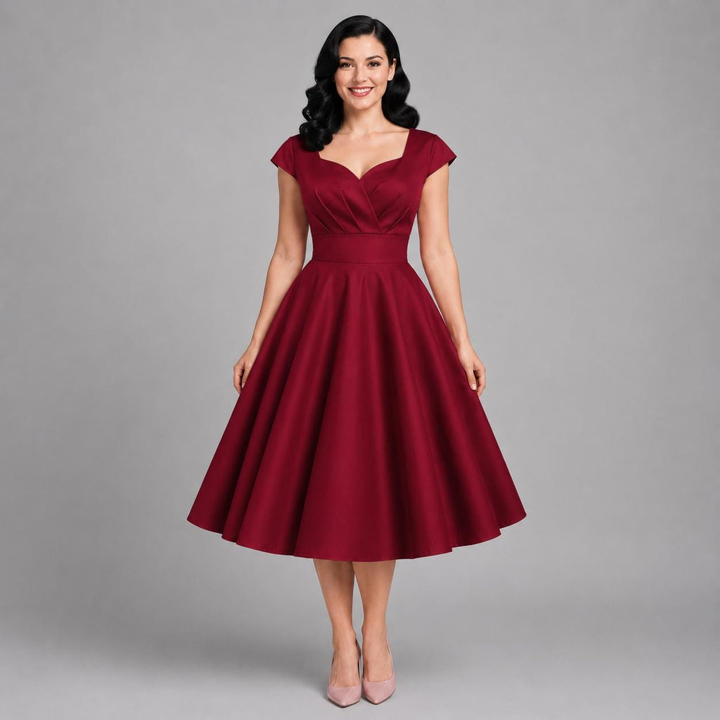 Vintage Midi Dress V Neck Cap Sleeve | 1950s Retro Swing Dress | Party Office Cocktail Dress for Women | Classic Feminine Silhouette
