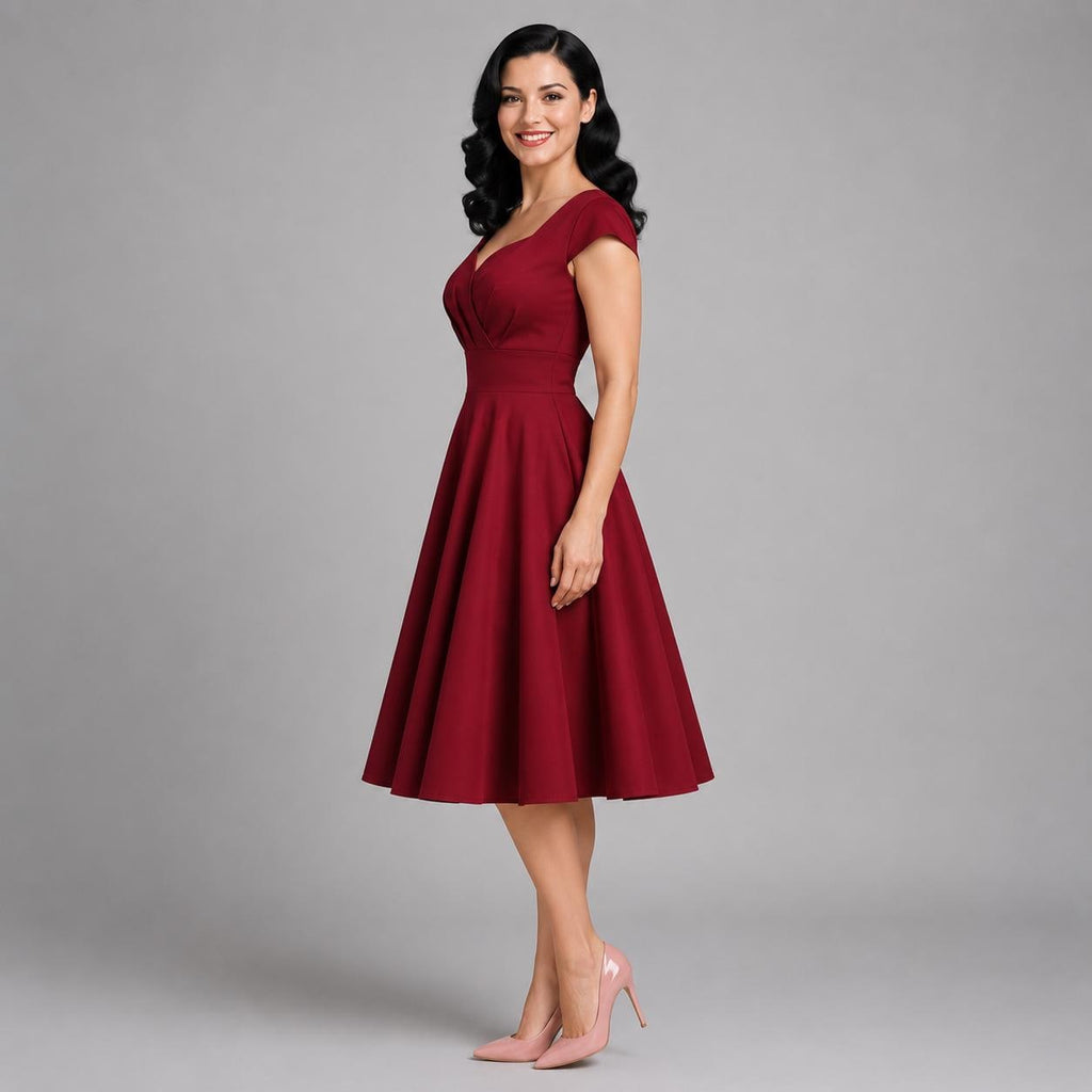 Vintage Midi Dress V Neck Cap Sleeve | 1950s Retro Swing Dress | Party Office Cocktail Dress for Women | Classic Feminine Silhouette